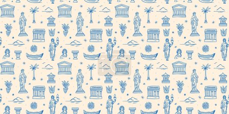 Illustration for Ancient greek statue and classic vintage monument seamless pattern. Blue greece culture background illustration. Historical flat cartoon drawing wallpaper print texture. - Royalty Free Image
