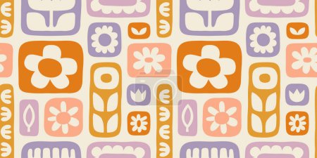 Illustration for Colorful floral seamless pattern illustration. Vintage style hippie flower background design. Geometric checkered wallpaper print, spring season nature backdrop texture with daisy flowers. - Royalty Free Image