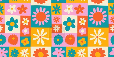 Illustration for Colorful floral seamless pattern illustration. Vintage style hippie flower background design. Geometric checkered wallpaper print, spring season nature backdrop texture with daisy flowers. - Royalty Free Image