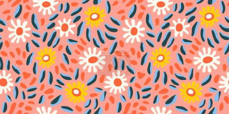 Ilustración de Colorful vintage flower art seamless pattern illustration. Organic hand drawn floral garden background with psychedelic style nature collage. Trendy spring print of abstract retro flowers. - Imagen libre de derechos