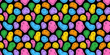 Illustration for Funny melting smiling happy face colorful cartoon seamless pattern. Retro psychedelic drug effect smile icon background texture. Trendy character doodle wallpaper. - Royalty Free Image