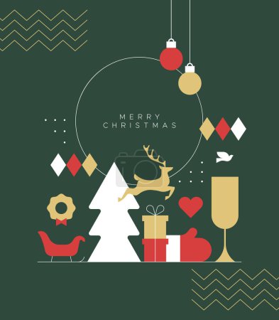 Illustration for Merry christmas modern geometric banner template. Abstract xmas holiday poster with winter decoration. Festive party invitation, minimalist december event greeting card. - Royalty Free Image
