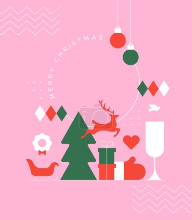 Illustration for Merry christmas modern geometric banner template. Abstract xmas holiday poster with winter decoration. Festive party invitation, minimalist december event greeting card. - Royalty Free Image