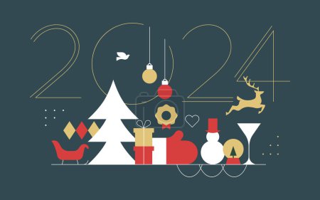 Illustration for Happy New Year modern geometric banner template. Abstract 2024 holiday poster with winter decoration. Festive party invitation, minimalist event celebration greeting card. - Royalty Free Image