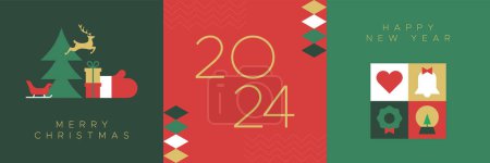 Ilustración de Feliz Navidad moderno conjunto de plantillas de banner geométrico abstracto colección de pósters de año nuevo con decoración de invierno. Invitación festiva de vacaciones, paquete de tarjetas de felicitación minimalista de diciembre. - Imagen libre de derechos