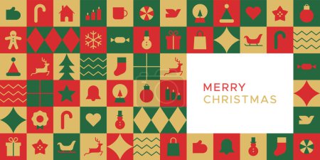 Illustration for Merry christmas modern geometric banner template. Abstract xmas holiday mosaic poster with winter decoration. Festive party invitation, minimalist december event greeting card. - Royalty Free Image