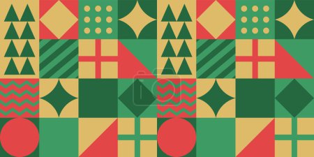Illustration for Modern geometric christmas mosaic seamless pattern. Abstract xmas holiday icon background with traditional winter decoration. Festive party invitation texture, minimalist december event print. - Royalty Free Image