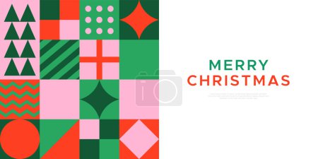 Illustration for Merry christmas modern geometric banner template. Abstract xmas holiday mosaic poster with winter decoration. Festive party invitation, minimalist december event greeting card. - Royalty Free Image