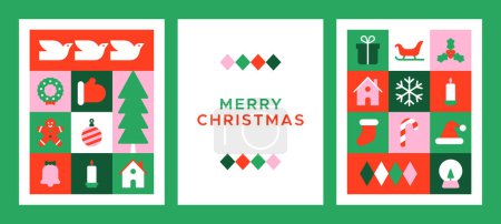 Illustration for Merry christmas modern geometric banner template set. Abstract xmas holiday mosaic poster collection with winter decoration. Festive party invitation, minimalist december event greeting card bundle. - Royalty Free Image