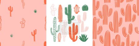 Illustration for Hand drawn cactus plant doodle seamless pattern set. Vintage style cartoon cacti houseplant background. Nature desert flora texture, garden print. Natural interior graphic decoration wallpaper. - Royalty Free Image