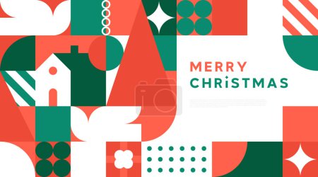 Téléchargez les illustrations : Joyeux modèle de page Web d'atterrissage de Noël pour l'événement de célébration des fêtes. Illustration en mosaïque de forme géométrique plate dans un style abstrait scandinave. - en licence libre de droit