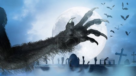 Photo for Scary monster hand, furry werewolf paw for halloween background render 3d - Royalty Free Image