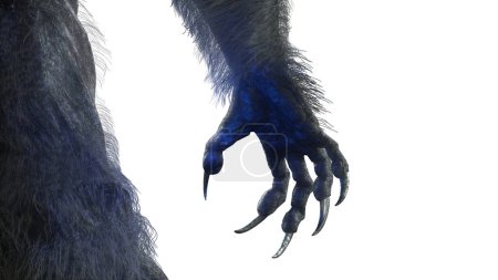 Foto de Mano monstruo asustadizo, pata de hombre lobo peludo para fondo de Halloween renderizar ilustración 3d sobre fondo blanco - Imagen libre de derechos