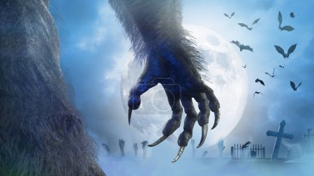 mano monstruo miedo, pata de hombre lobo peludo para fondo de Halloween renderizar 3d