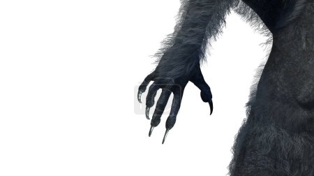 furchterregende Monsterhand, pelzige Werwolfpfote für den Halloween-Hintergrund rendern 3D-Illustration auf weißem Hintergrund