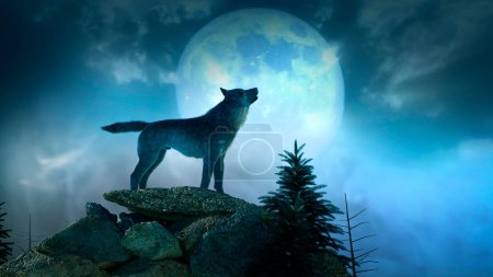 Foto de Silhouette of wolf howling at the full moon  3d render - Imagen libre de derechos