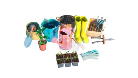 Téléchargez les photos : Gardening tools and props at sunny day 3d render  on a white background - en image libre de droit