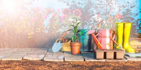 Photo for Gardening tools and props at sunny day 3d render - Royalty Free Image