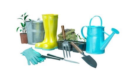 Photo for Gardening tools and props at sunny day 3d render  on a white background - Royalty Free Image