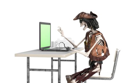 Photo for Funny skeleton computer pirate downloads files on the internet as a symbol of internet piracy 3d concept render - Royalty Free Image
