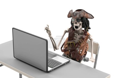 Photo for Funny skeleton computer pirate downloads files on the internet as a symbol of internet piracy 3d concept render - Royalty Free Image