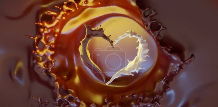 Photo for Heart  shaped coffee or chocolate with milk splashes, drops and blots in the shape of a heart 3d render - Royalty Free Image