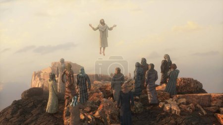 Téléchargez les photos : Jésus montant au ciel sur la montagne et les douze apôtres 3d rendent - en image libre de droit