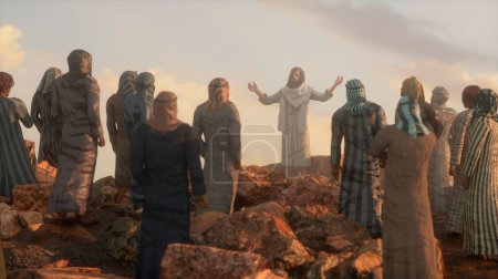 Foto de Jesus Christ preaches the Sermon on the Mount and the Twelve Apostles 3d render - Imagen libre de derechos