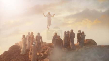 Téléchargez les photos : Jésus montant au ciel sur la montagne et les douze apôtres 3d rendent - en image libre de droit