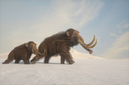 Foto de Mamut en el fondo del invierno y la nieve, manada de mamuts rendir 3d ilustración - Imagen libre de derechos