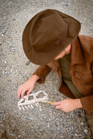 Foto de Paleontólogo arqueólogo descubre huesos de cráneo de dinosaurio - Imagen libre de derechos