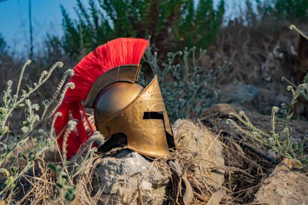 Photo for Armor and weapons and helmet Spartan warrior soldier on the background of ancient Greece - Royalty Free Image