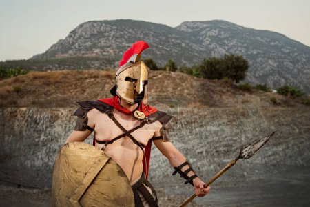 Photo for Spartan warrior soldier on the background of ancient Greece, Spartan king - Royalty Free Image
