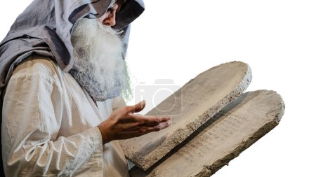 Photo for The Old Testament biblical prophet Moses holds the tablets with the ten commandments - Royalty Free Image