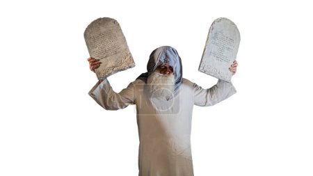Téléchargez les photos : Le prophète biblique de l'Ancien Testament Moïse tient les tablettes avec les dix commandements - en image libre de droit
