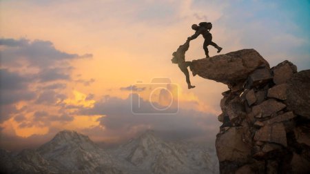 Photo for A hiker climber helps a friend not to fall from the cliff to reach the mountain top render 3d - Royalty Free Image