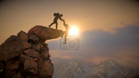 Téléchargez les photos : Un randonneur alpiniste aide un ami à ne pas tomber de la falaise pour atteindre le rendu de la montagne 3d - en image libre de droit