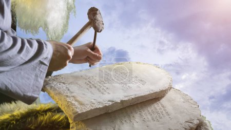 Photo for The biblical prophet Moses carves letters from stone on stone tablets of the Ten Commandments - Royalty Free Image