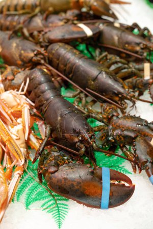 Photo for Vertical close up shot of a lot prawns or lobster and crabs on ice at the street market. - Royalty Free Image
