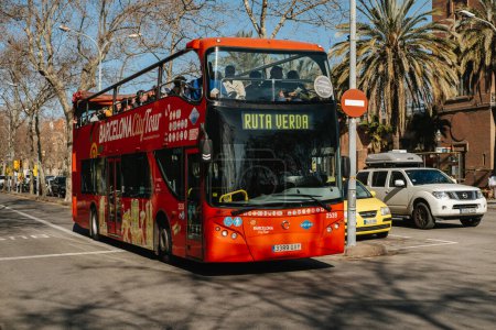 Photo for 24 February 2023, Spain, Barcelona.  Outdoors shot of a double decker red bus just for city tour in Barcelona on a suuny day. - Royalty Free Image