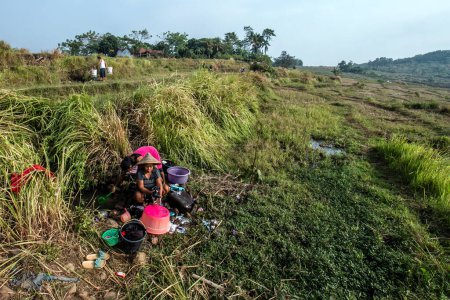 Foto de Bogor, Indonesia - 12 de agosto de 2023: Los residentes en Bogor, Java Occidental, se vieron obligados a usar agua de infiltración en el arrozal para lavar la ropa debido a la escasez de agua limpia causada por una sequía - Imagen libre de derechos