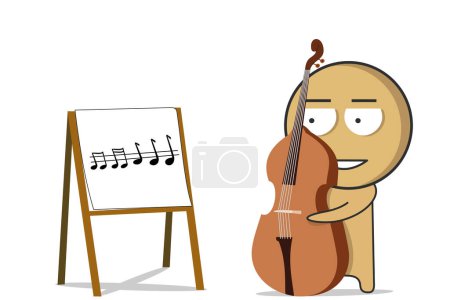 Illustration for The boy learns to play the double bass from the notes - Royalty Free Image