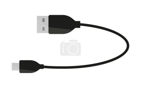 Illustration for Usb cable type c lightning cord mini black flat. Portable charging smartphone connection tablet computer data transfer universal charge power supply electric mobile flexible plastic rubber isolated - Royalty Free Image