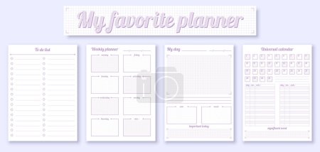 Illustration for Diary printable page template planner cute flat set. Daily weekly monthly planner case schedule note time management organizing important task list personal business organizer date adjust life vector - Royalty Free Image