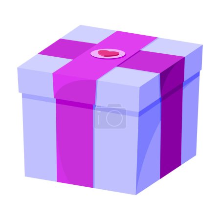 Illustration for Purple gift box top isometric magenta ribbon flat. Pink heart tag wax seal valentine day wedding holiday love surprise secret package festive birthday event decoration sale symbol brand icon isolated - Royalty Free Image