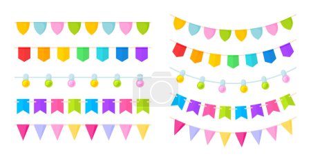 Paper bunting garland carnival with flag flat set. Light bulb triangle flags ribbon rainbow template seamless pattern brush decorative pennant holiday party festival colorful grand opening isolated