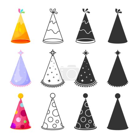 Holiday party cone cap hat triangle flat line glyph silhouette set. Editable stroke outline sticker colorful party headdress cartoon yellow purple wizard star magic red clown in dot fringe isolated