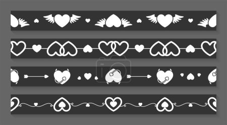 Illustration for Valentine day washi tape heart black silhouette set. Seamless pattern horizontal strip angel wing cupid arrow couple love intertwined devil horns curl calligraphic scotch tape handmade decoration - Royalty Free Image
