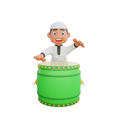 3D illustration of a cute Muslim boy playing a big drum, ready to welcome the holy month of Ramadan, perfect for Ramadan Kareem themed projects