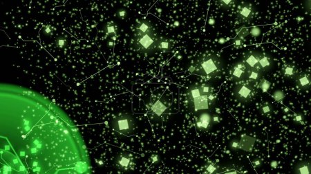 abstract glowing green geometry line connection particles wave moving digital background
